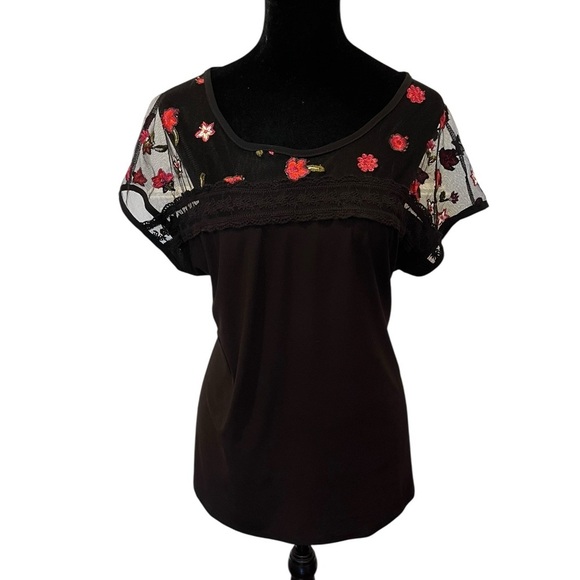 Y2K Faith & Joy Black Mesh Floral Sleeve Top Blouse whimsical goth feminine 90s - Picture 1 of 8